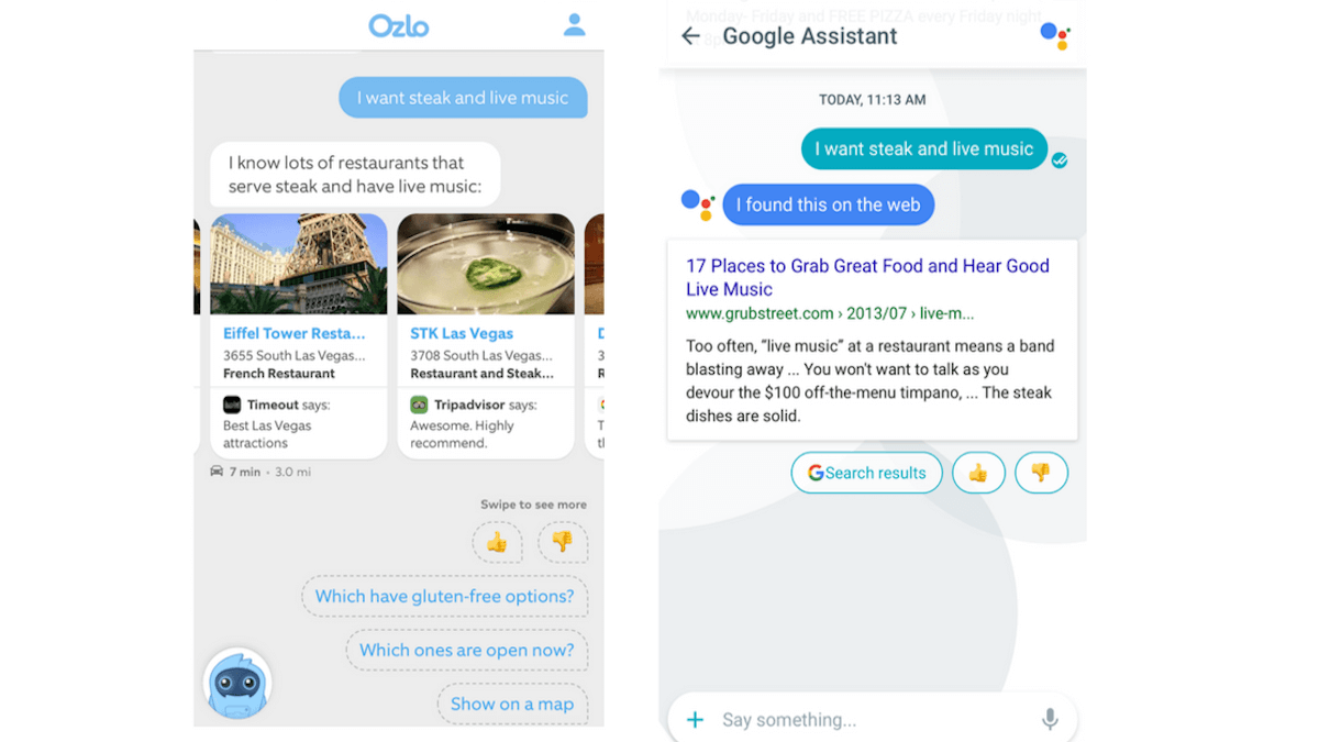 Comparative searches on Ozlo and Google Assistant.